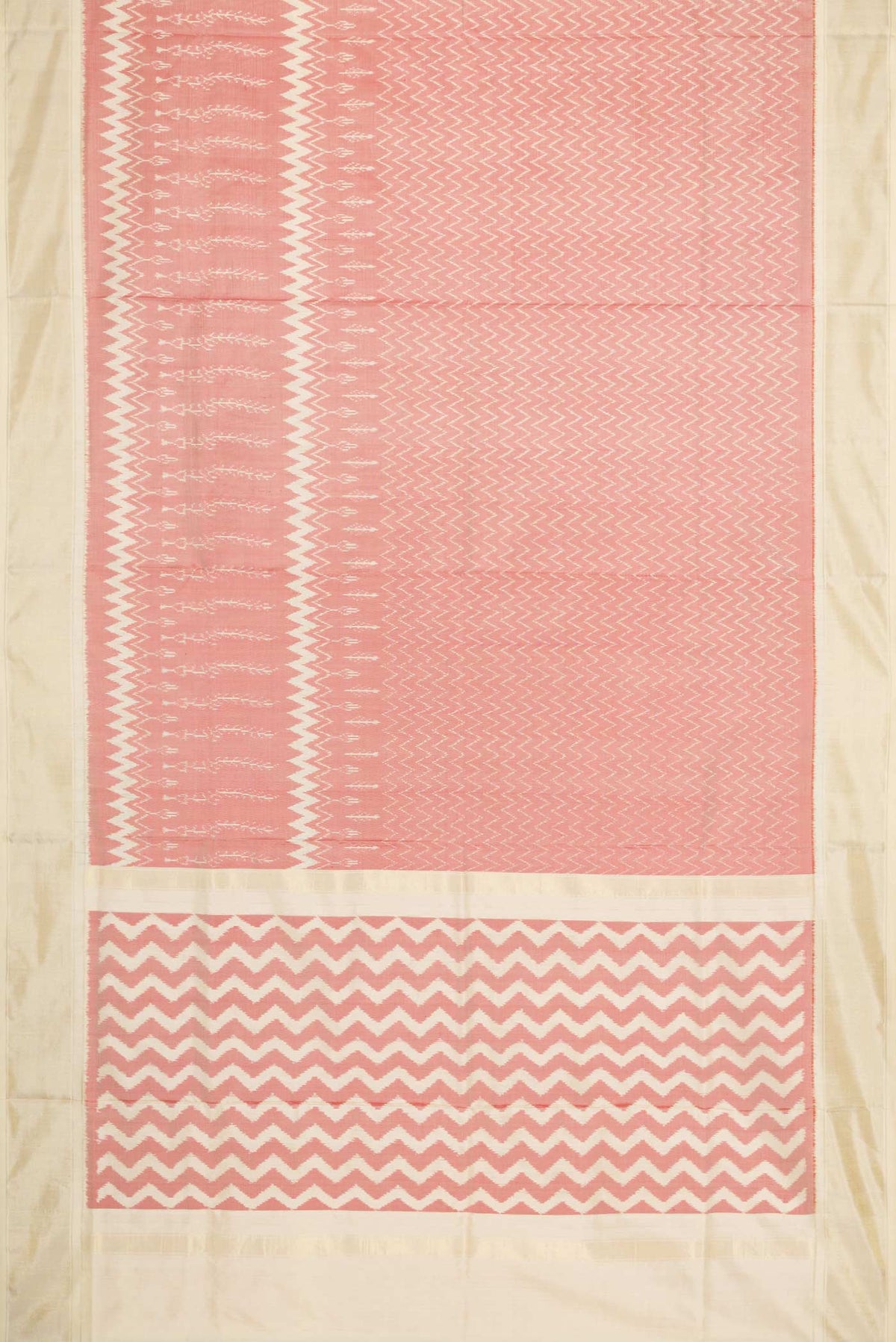 Flat view of Coral Pochampally Silk Saree with Pure Ikat on the body and Zari Border