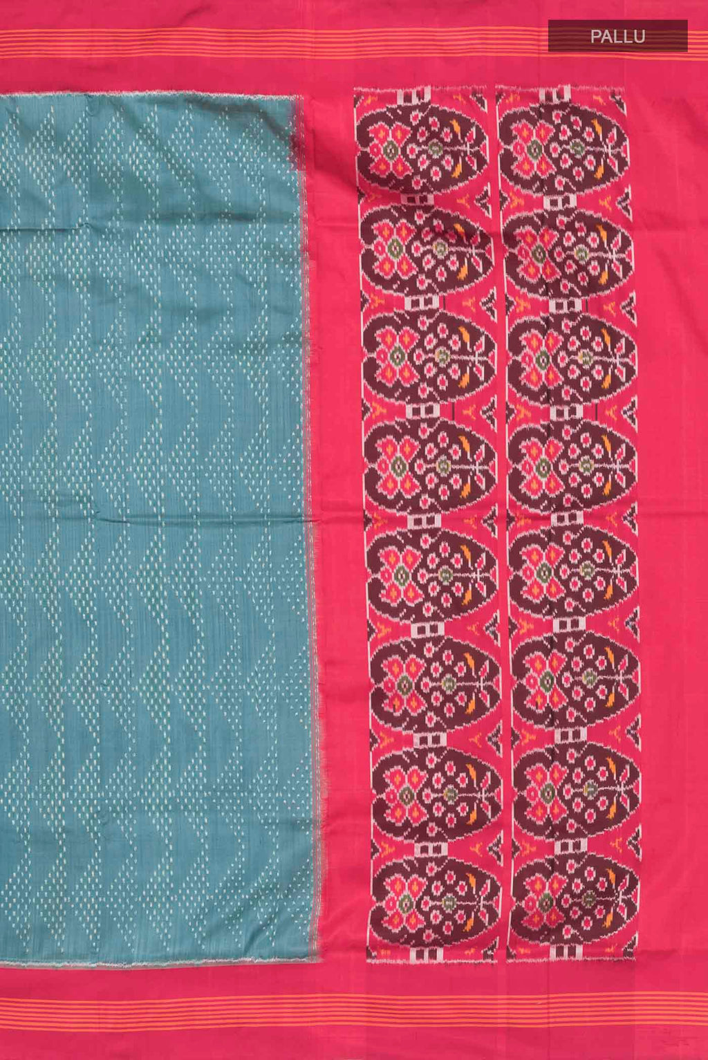 Close up image of the pallu of Grey Pochampally Silk Saree with Pure Ikat on the body and Plain Border