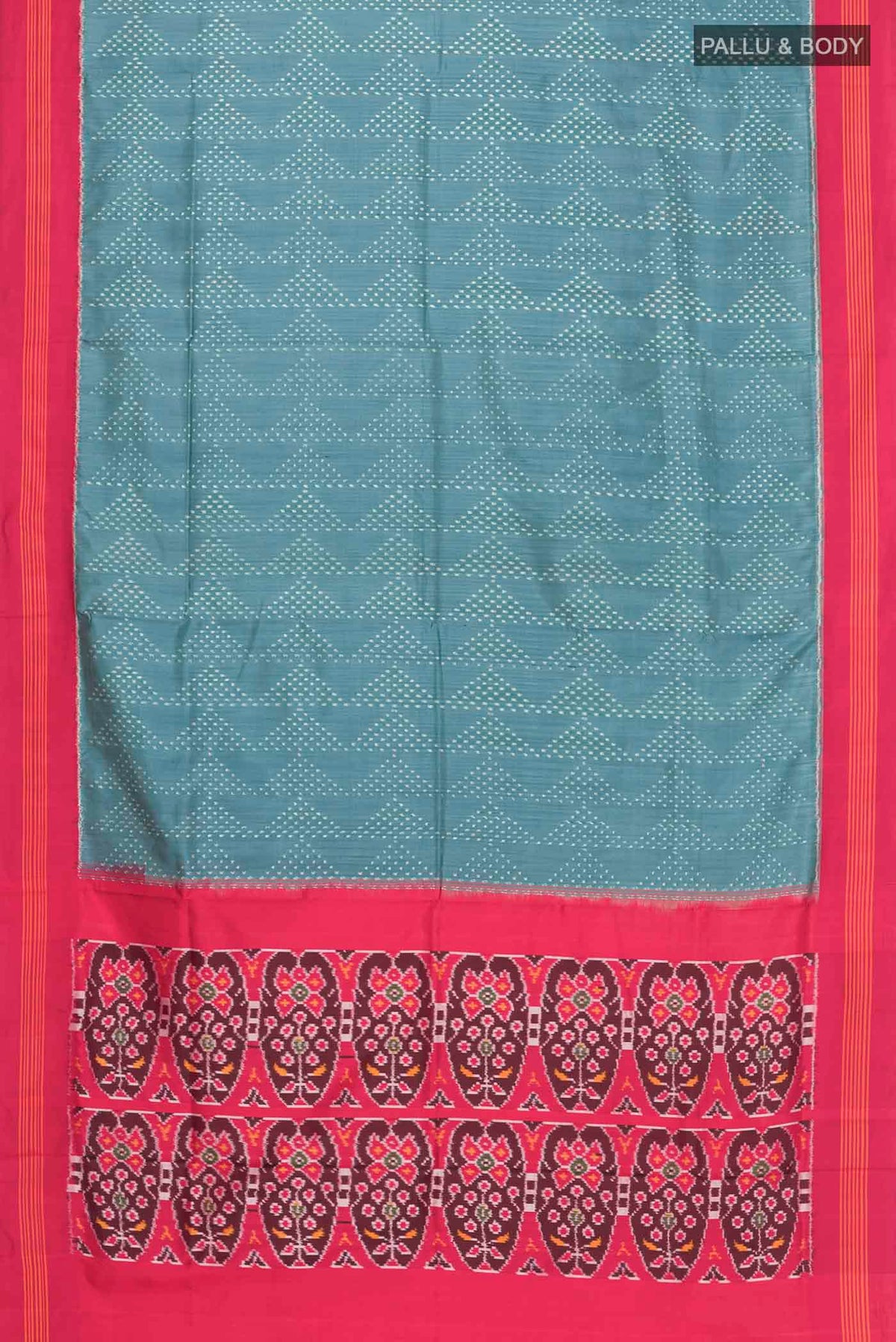 Flat view of Grey Pochampally Silk Saree with Pure Ikat on the body and Plain Border