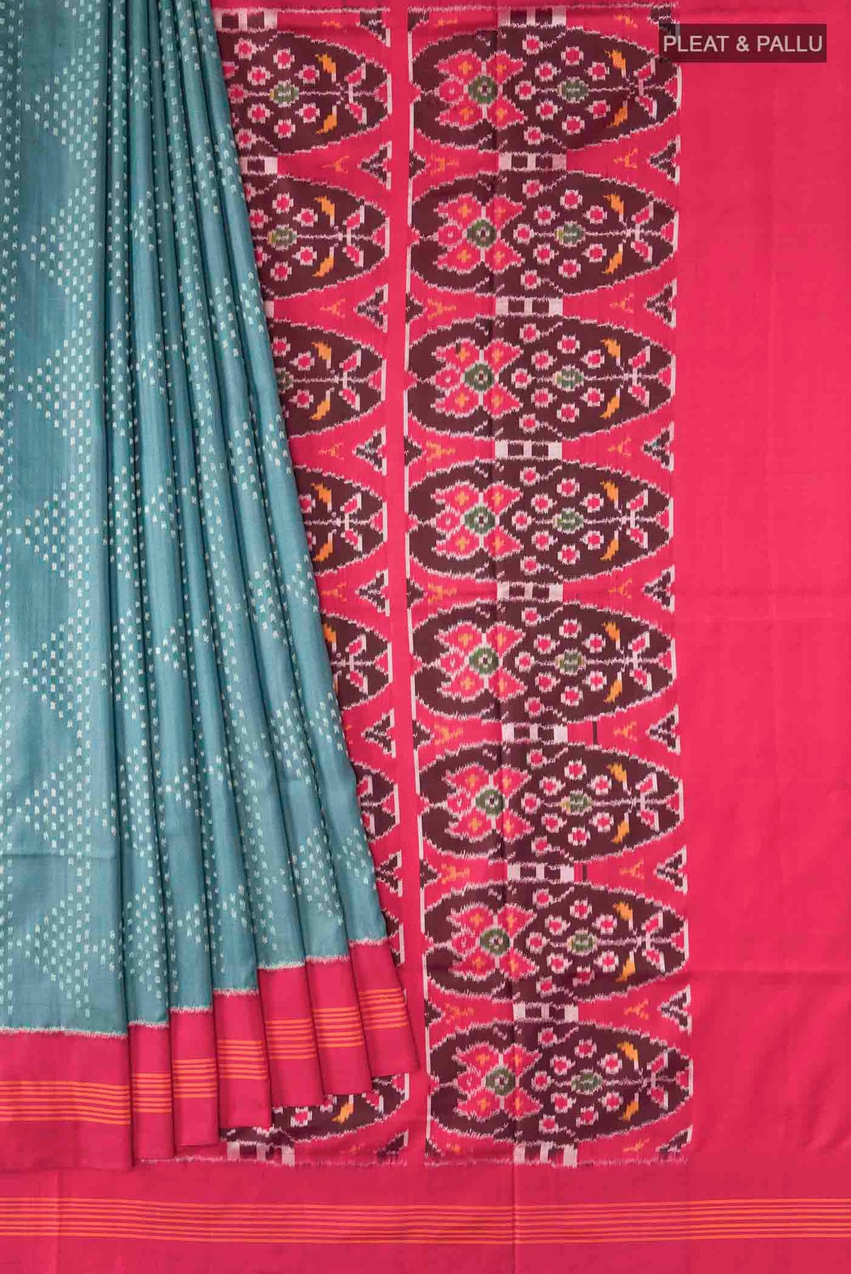 Pleats and pallu of Grey Pochampally Silk Saree with Pure Ikat on the body and Plain Border