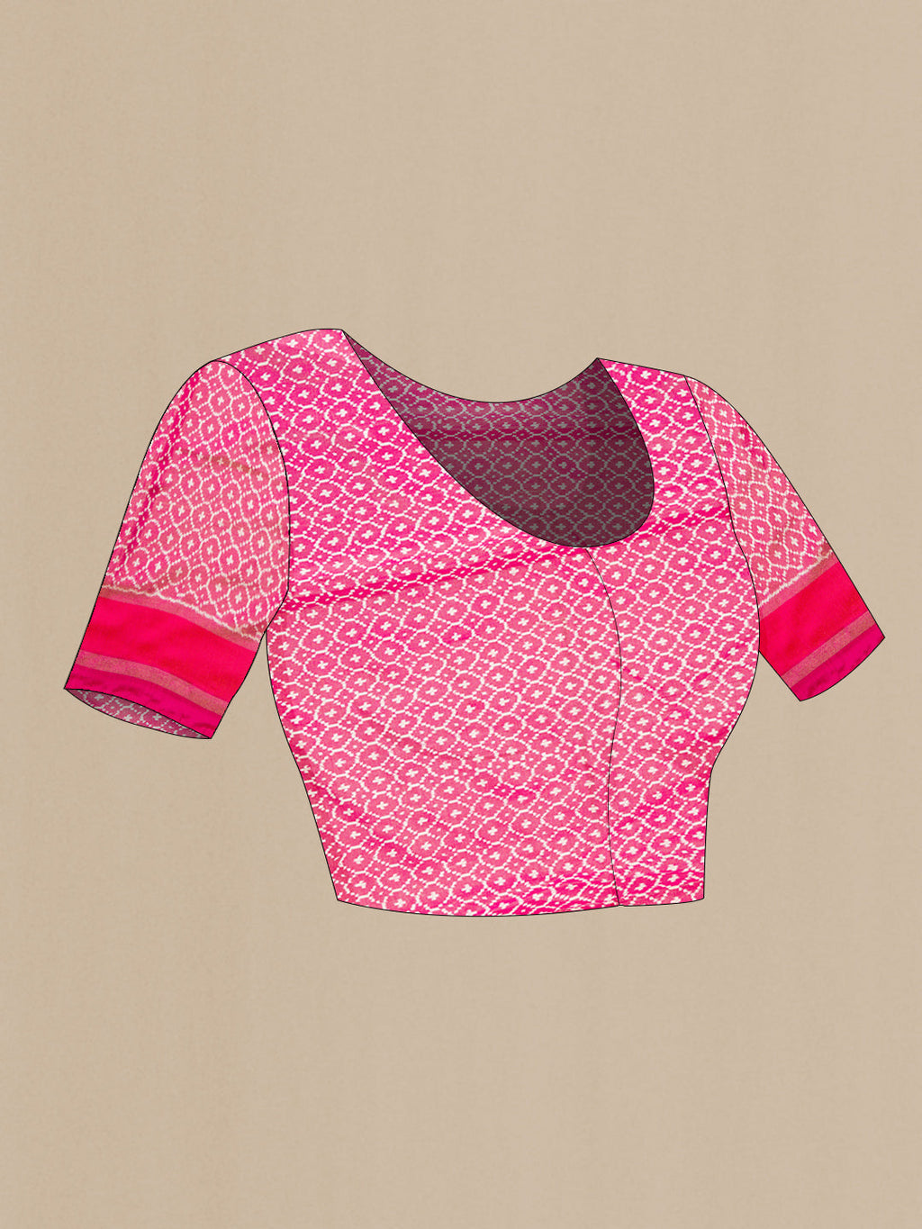 Close up image of the blouse of Pink Dual Tone Double Ikat Saree with Ikat Print on the body and Zari Border. 