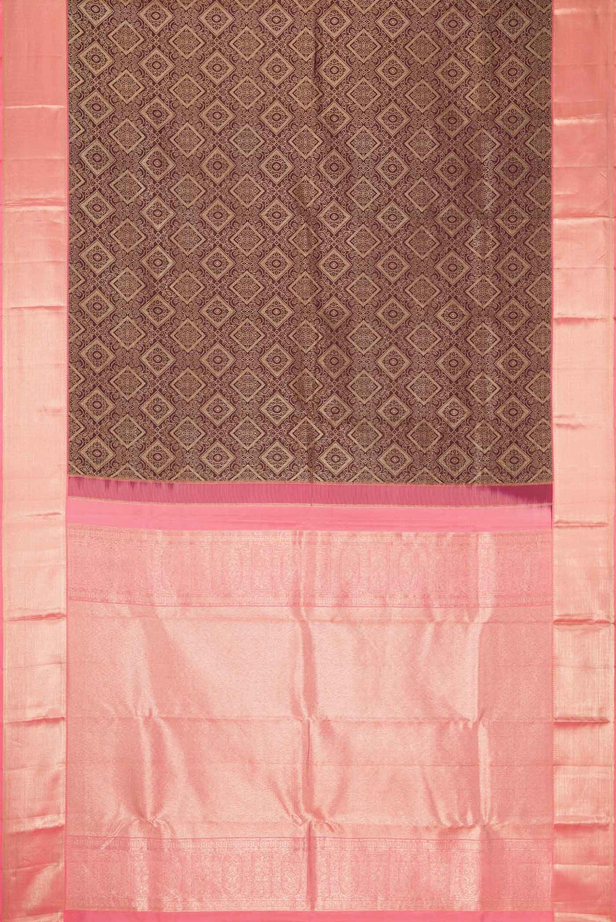 Flat view of Coffee Brown Dual Tone Kanchipuram Silk Saree with Zari Brocade on the body and Zari Border. 