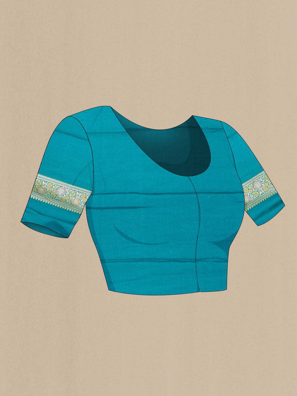 Close up image of the blouse of Peacock Blue Banarasi Georgette Saree with Zari And Thread Butta on the body and Zari And Thread Border. 