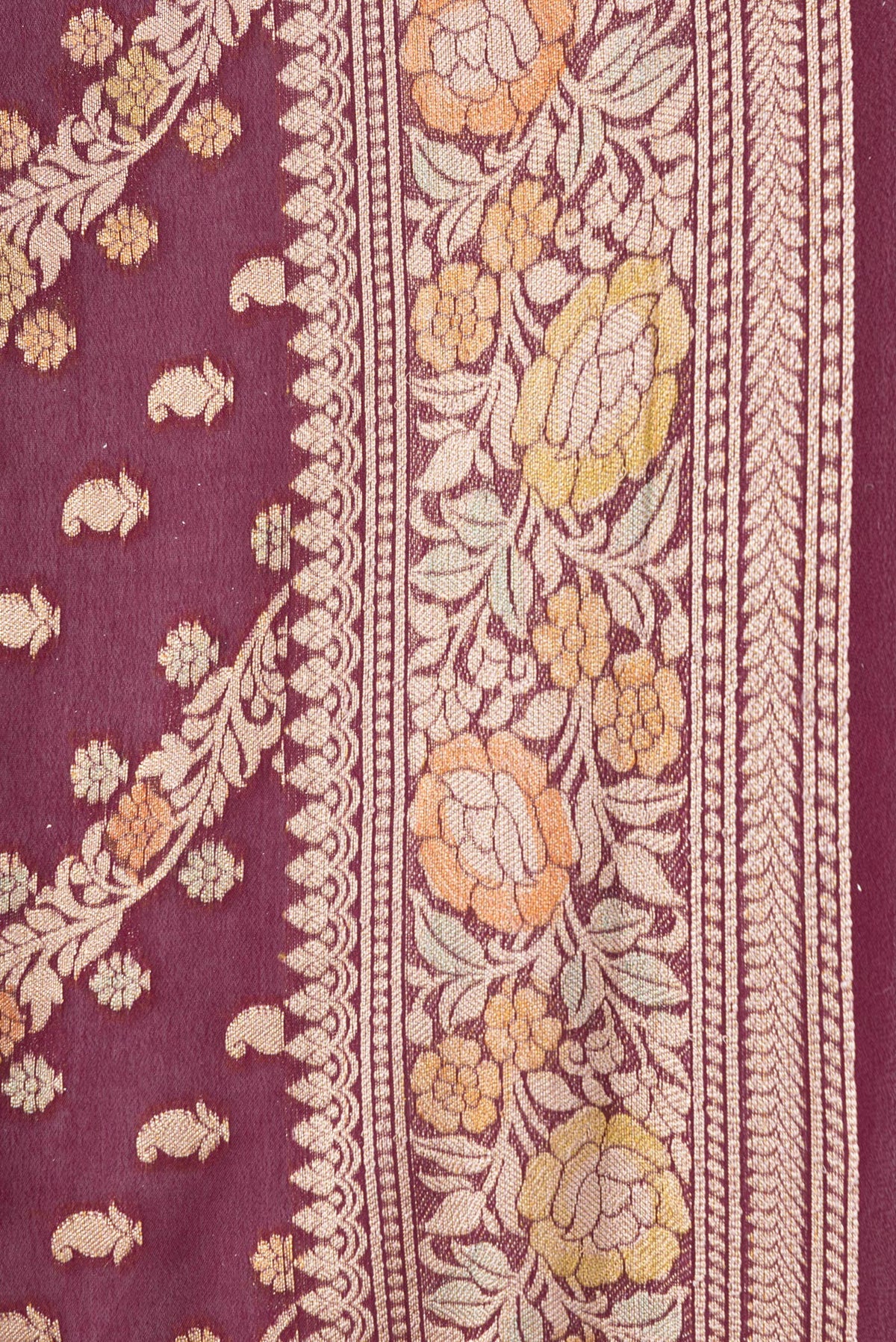Border image of Maroon Dual Tone Mysore Georgette Saree with Zari Brocade on the body and Thread Border. 