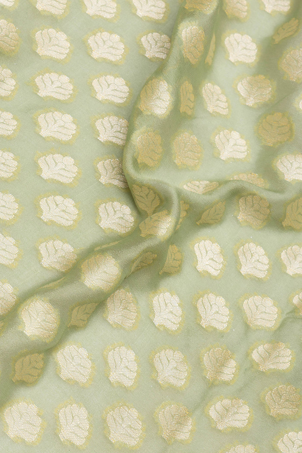 Close up of Light Green Banarasi Georgette Saree with Zari Brocade on the body and Zari Border.  displaying folds