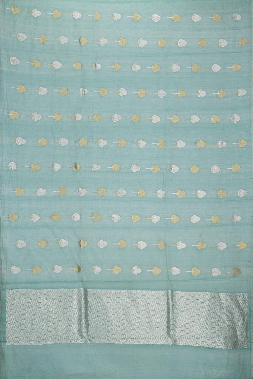 Flat view of Sea Green Dual Tone Organza Silk Saree with Zari Butta on the body and Zari Border. 