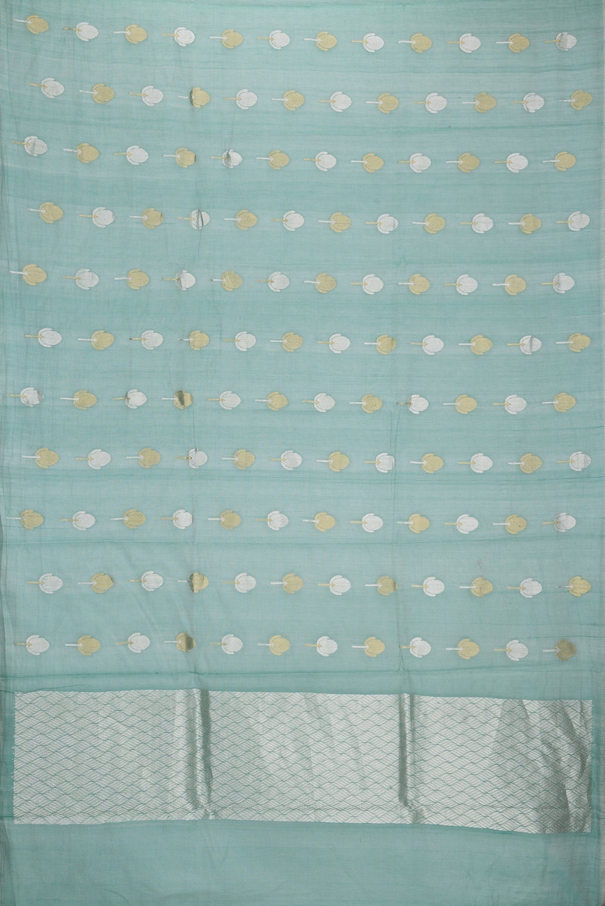 Flat view of Sea Green Dual Tone Organza Silk Saree with Zari Butta on the body and Zari Border. 