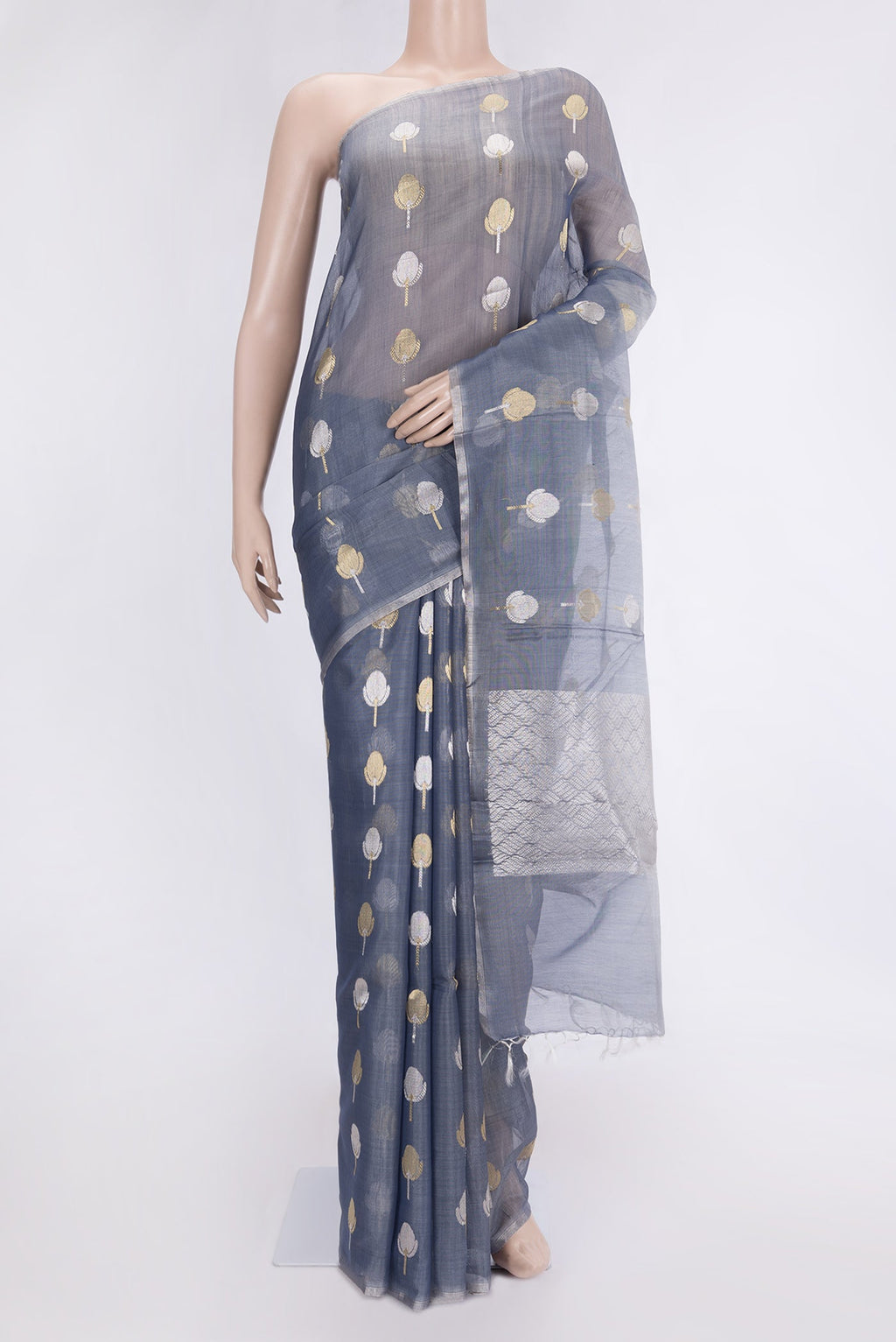 Grey Dual Tone Organza Silk Saree with Zari Butta on the body and Zari Border.  displayed on a mannequin