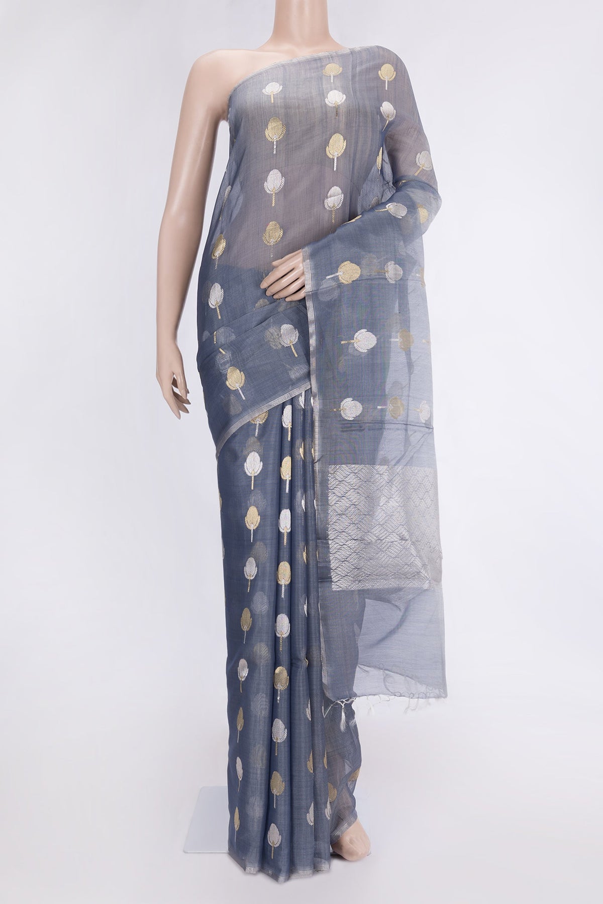 Grey Dual Tone Organza Silk Saree with Zari Butta on the body and Zari Border.  displayed on a mannequin