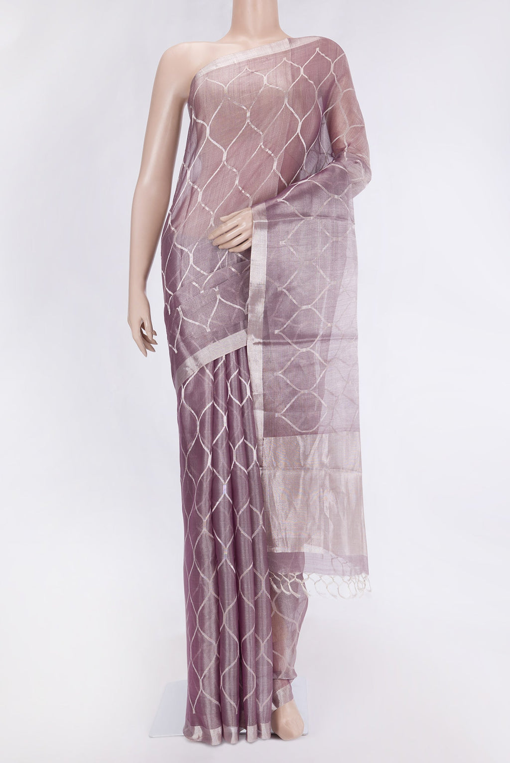 Lavender Dual Tone Organza Silk Saree with Zari Brocade on the body and Zari Border.  displayed on a mannequin