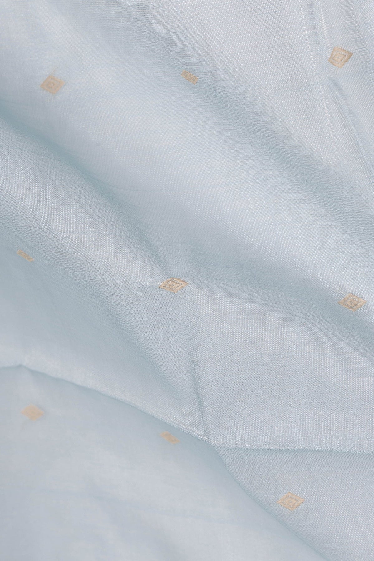 Close up of Light Blue Dual Tone Chanderi Tissue Silk Saree with Thread Butta on the body and Plain Border.  displaying folds