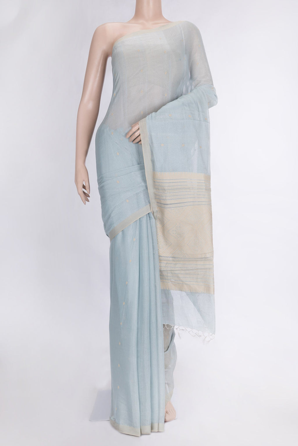 Light Blue Dual Tone Chanderi Tissue Silk Saree with Thread Butta on the body and Plain Border.  displayed on a mannequin