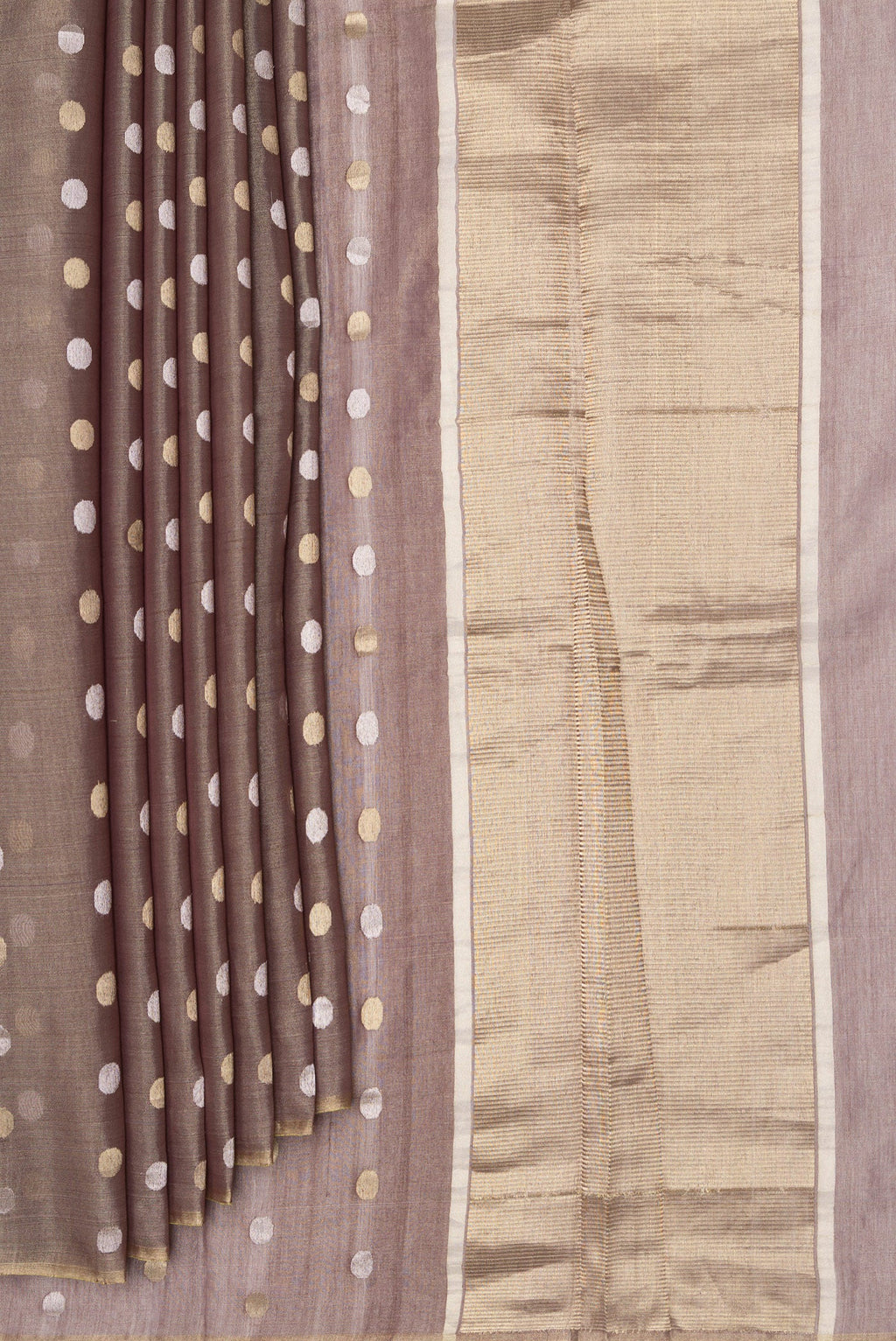 Pleats and pallu of Brown Dual Tone Tussar Silk Saree with Zari Butta on the body and Thin Zari Line. 