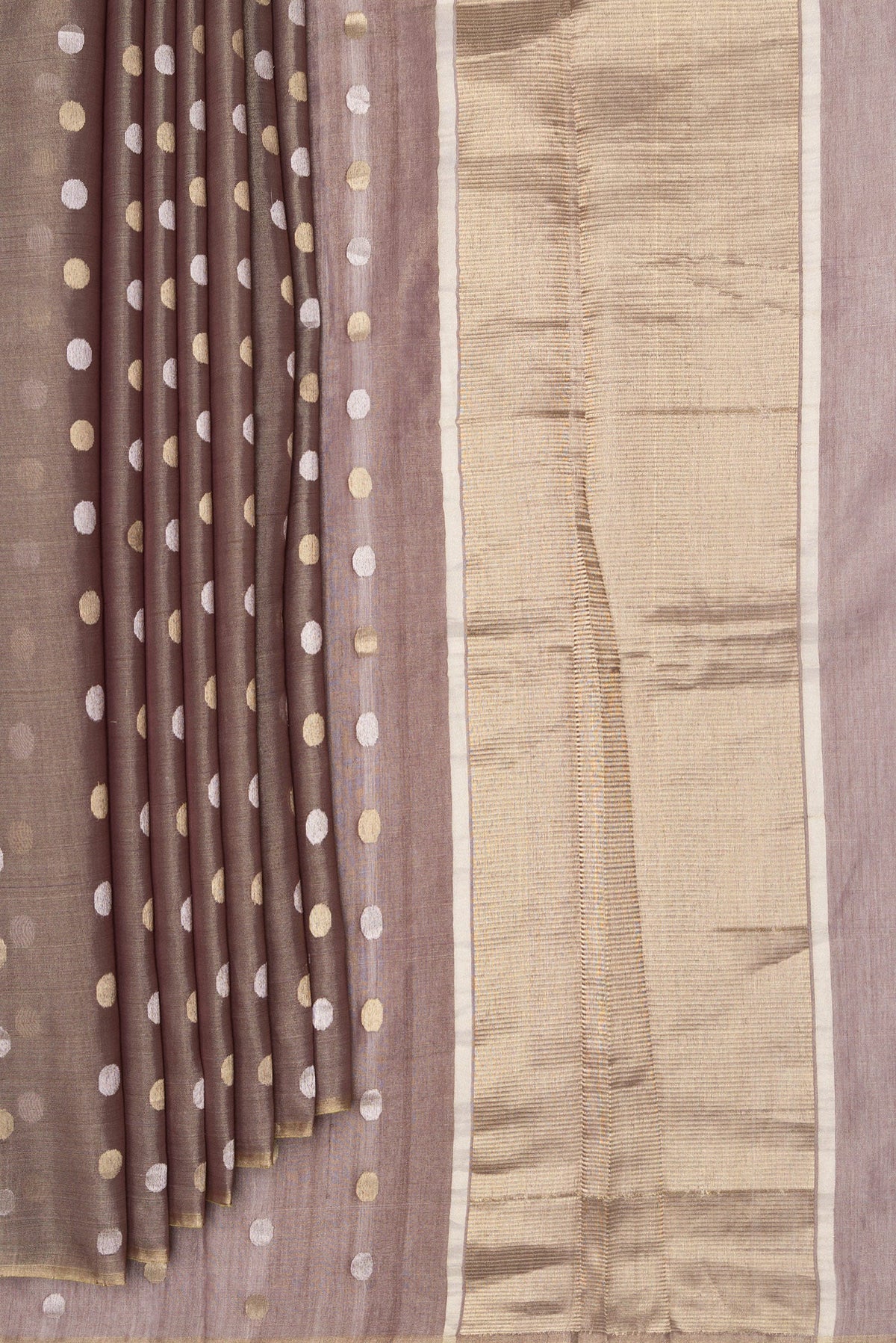 Pleats and pallu of Brown Dual Tone Tussar Silk Saree with Zari Butta on the body and Thin Zari Line. 