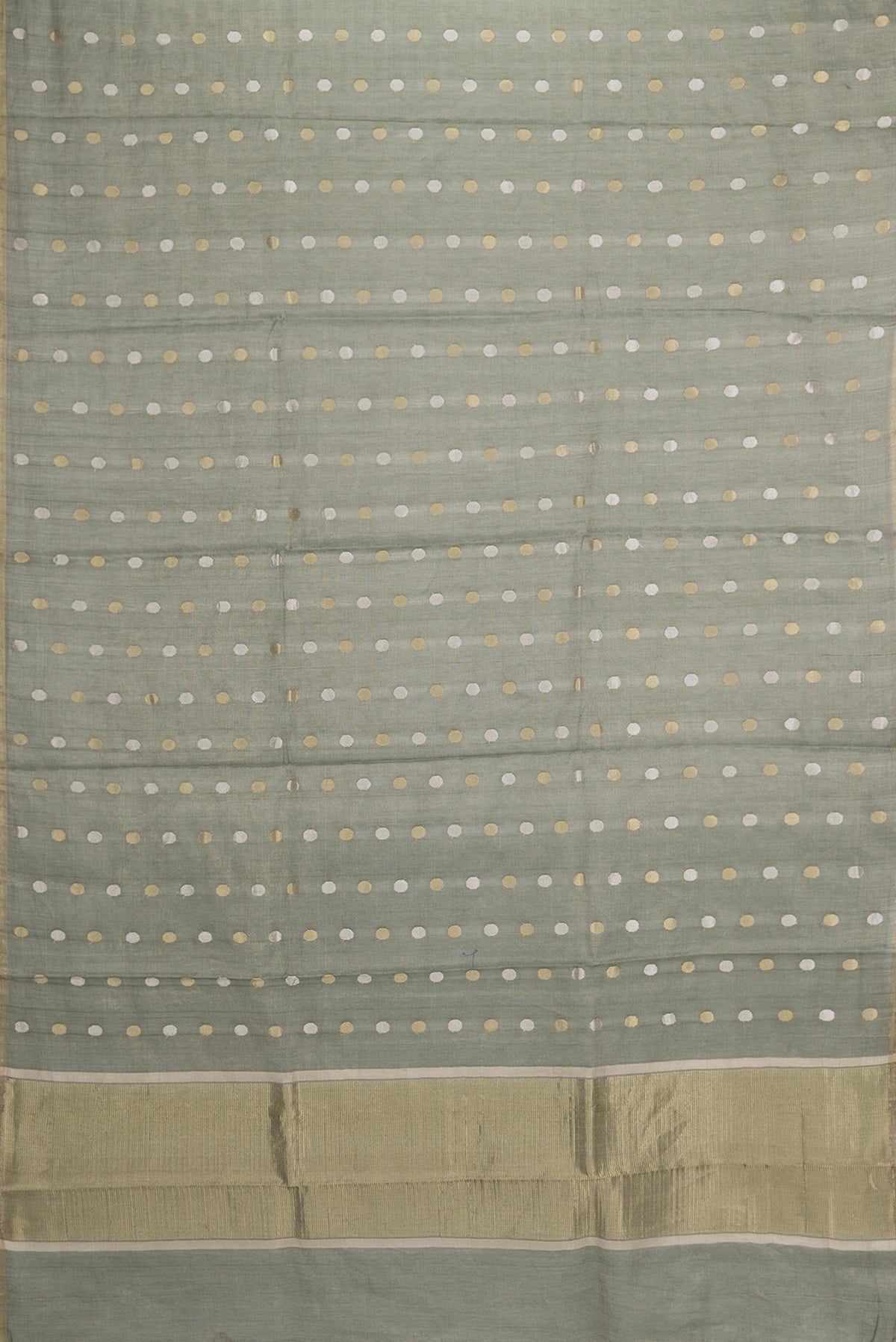 Flat view of Bottle Green Dual Tone Chanderi Silk Saree with Zari Butta on the body and Thin Zari Line. 