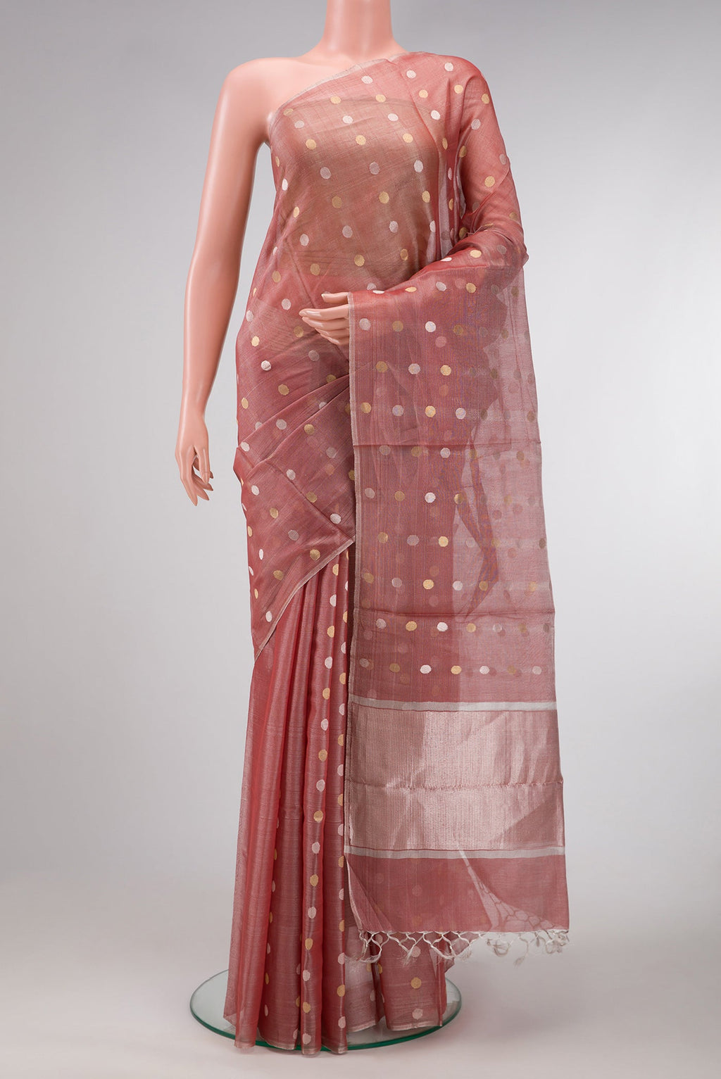 Red Dual Tone Chanderi Tissue Silk Saree with Zari Butta on the body and Zari Border.  displayed on a mannequin