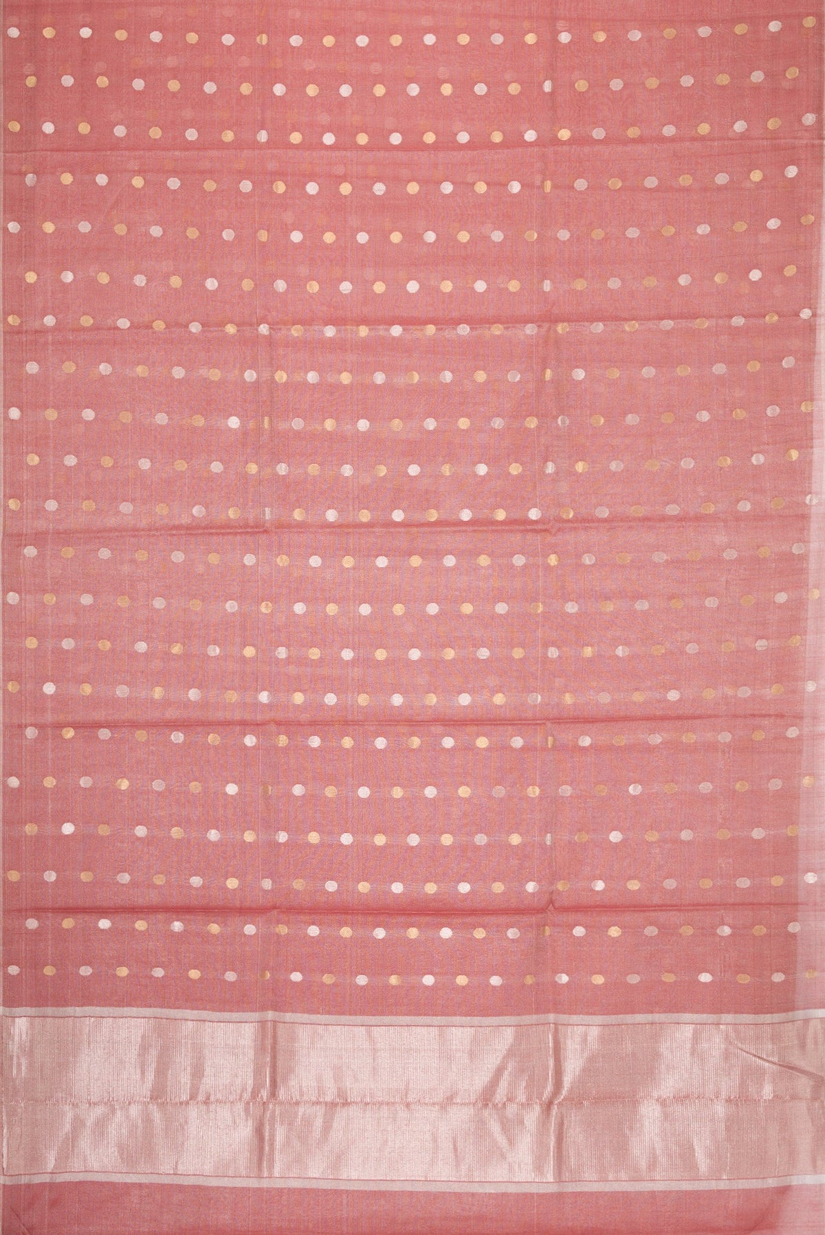 Flat view of Red Dual Tone Chanderi Tissue Silk Saree with Zari Butta on the body and Zari Border. 