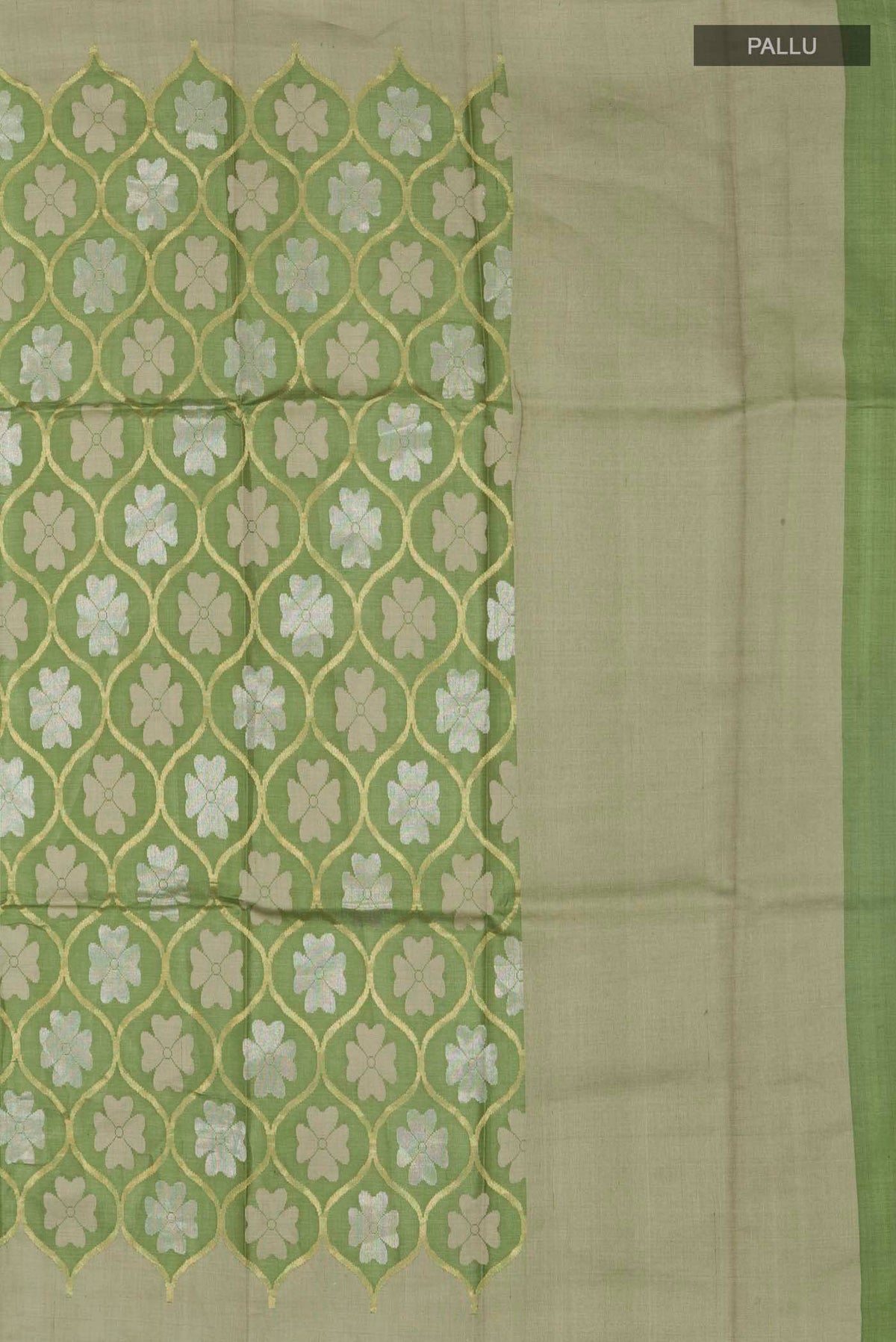 Close up image of the pallu of Green Tussar Silk Saree with Zari Butta on the body and Plain Border