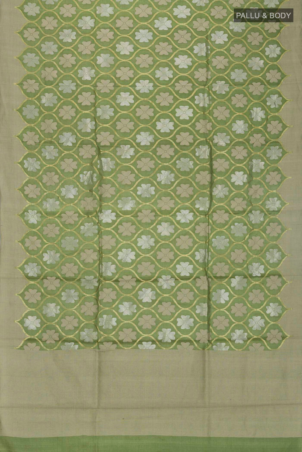 Flat view of Green Tussar Silk Saree with Zari Butta on the body and Plain Border