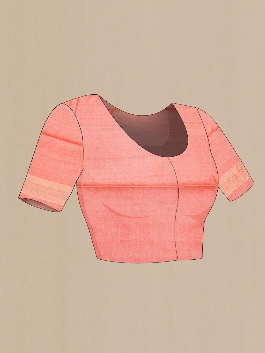 Close up image of the blouse of Peach Tussar Silk Saree with Plain Body and Zari Border. 