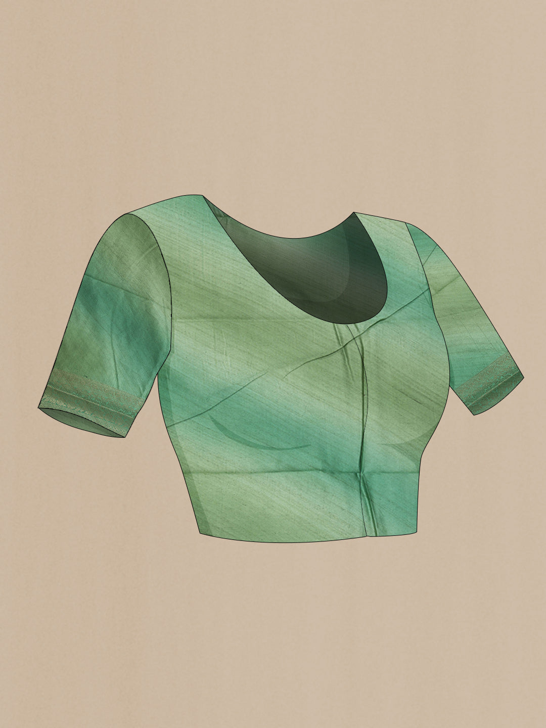 Close up image of the blouse of Sage Green Banarasi Raw Silk Saree with Zari Butta on the body and Zari Border
