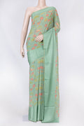Green Dual Tone Mysore Georgette Saree with Printed design on the body and Thin Zari Line displayed on a mannequin