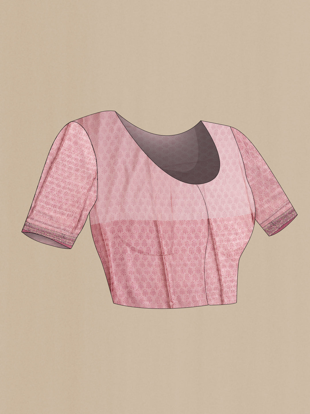 Close up image of the blouse of Pink Dual Tone Mysore Georgette Saree with Printed design on the body and Printed Border. 