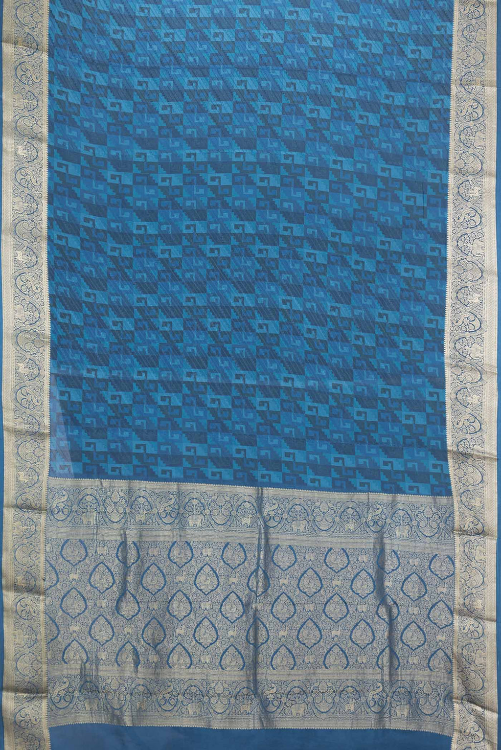 Flat view of Blue Dual Tone Mysore Crepe Saree with Printed design on the body and Zari Border