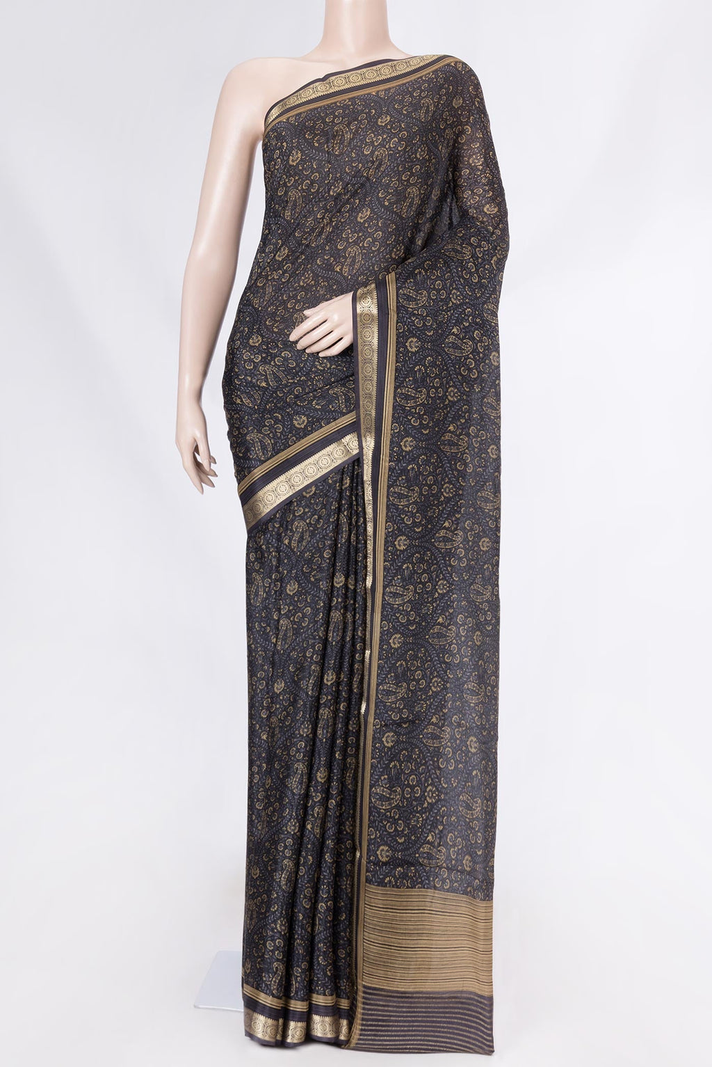 Black Dual Tone Mysore Crepe Saree with Printed design on the body and Zari Border displayed on a mannequin