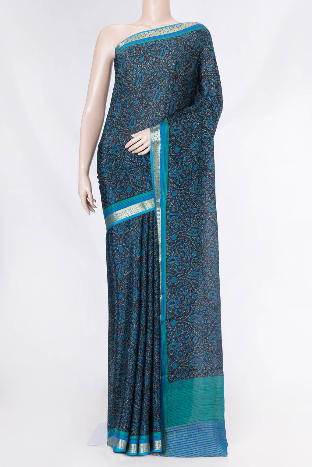 Black Dual Tone Mysore Crepe Saree with Printed design on the body and Zari Border displayed on a mannequin
