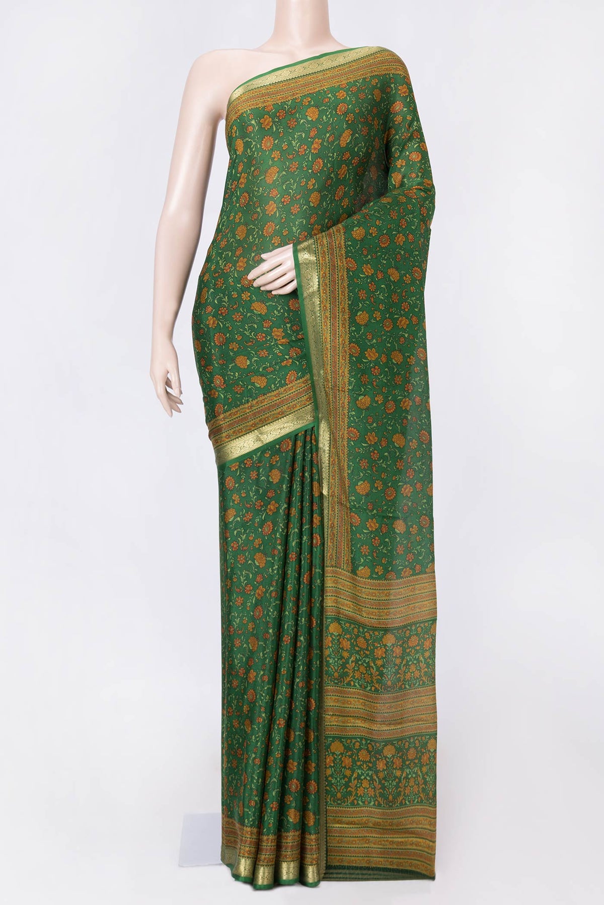 Green Dual Tone Mysore Crepe Saree with Printed design on the body and Zari Border displayed on a mannequin