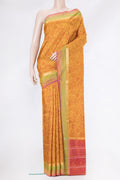 Mustard Dual Tone Kanchipuram Silk Saree with Printed design on the body and Zari Border.  displayed on a mannequin