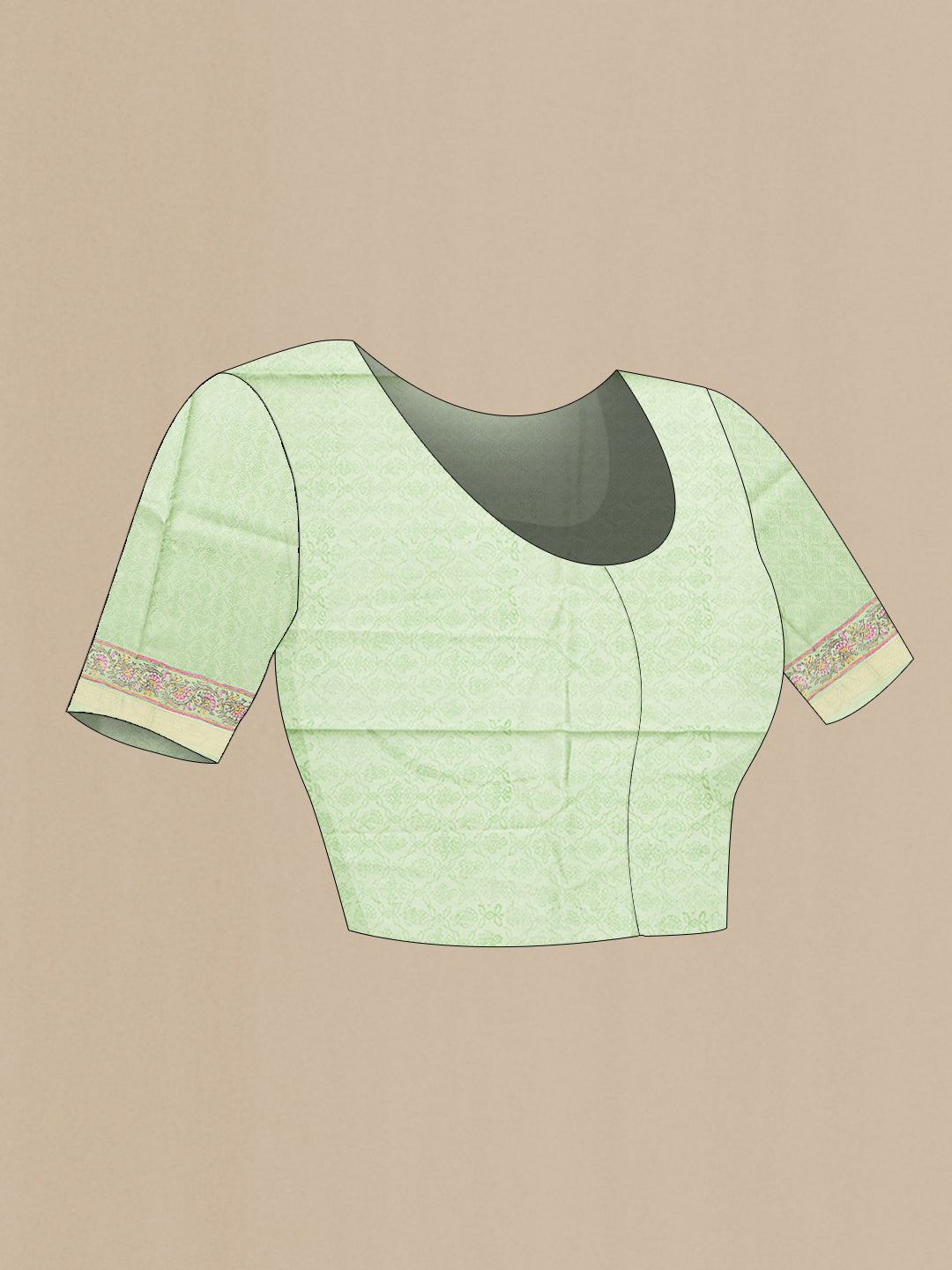 Close up image of the blouse of Light Green Dual Tone Kanchipuram Silk Saree with Printed design on the body and Zari Border. 