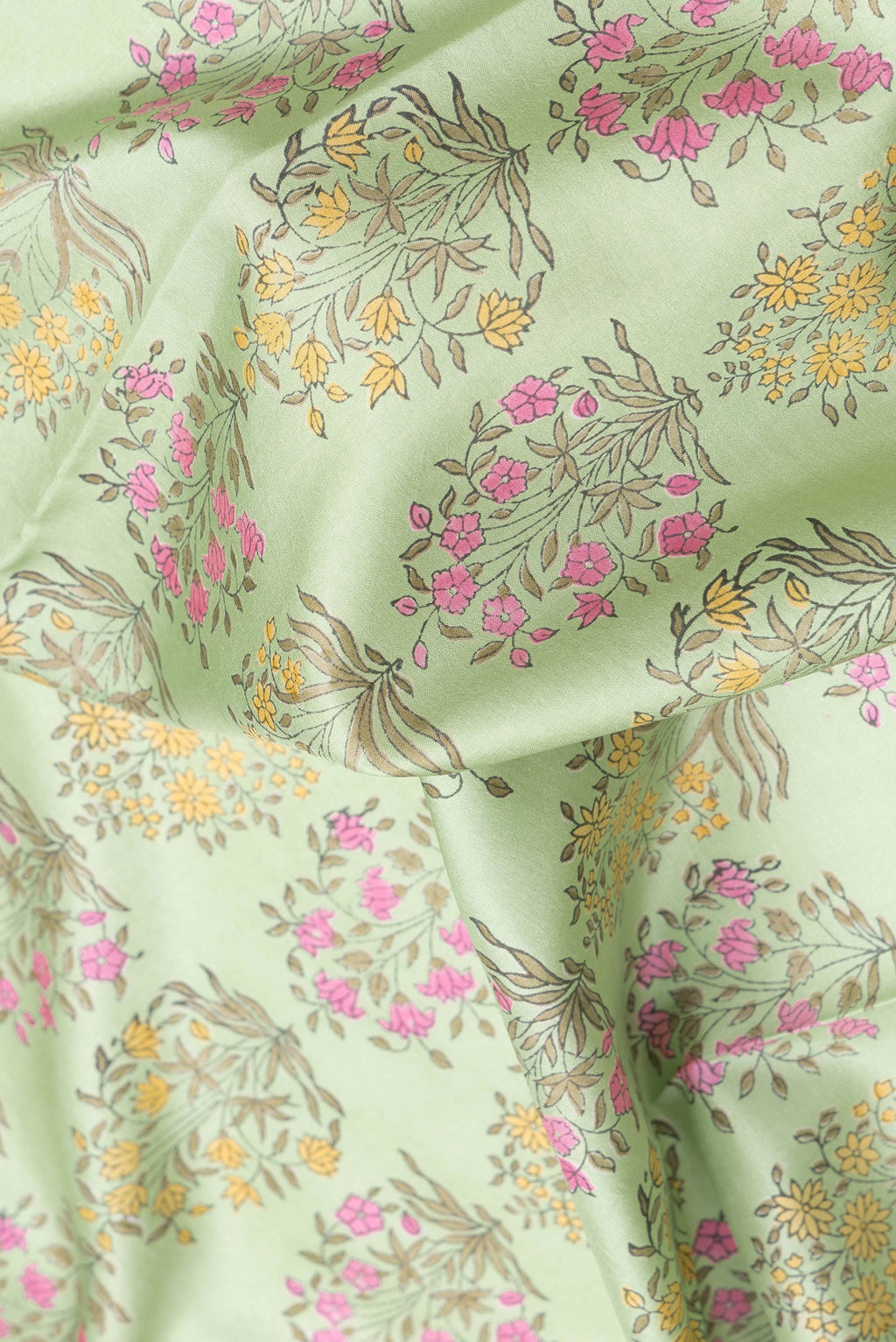 Close up of Light Green Dual Tone Kanchipuram Silk Saree with Printed design on the body and Zari Border.  displaying folds