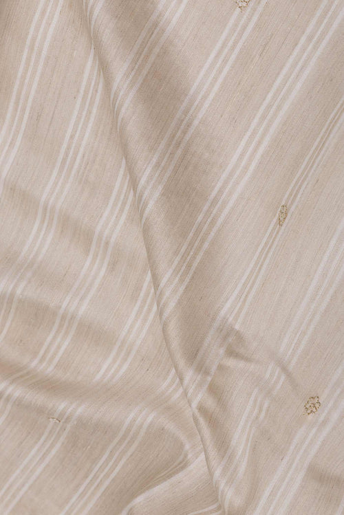 Close up of Beige Dual Tone Tussar Saree with Embroidery on the body and Embroidery Border displaying folds