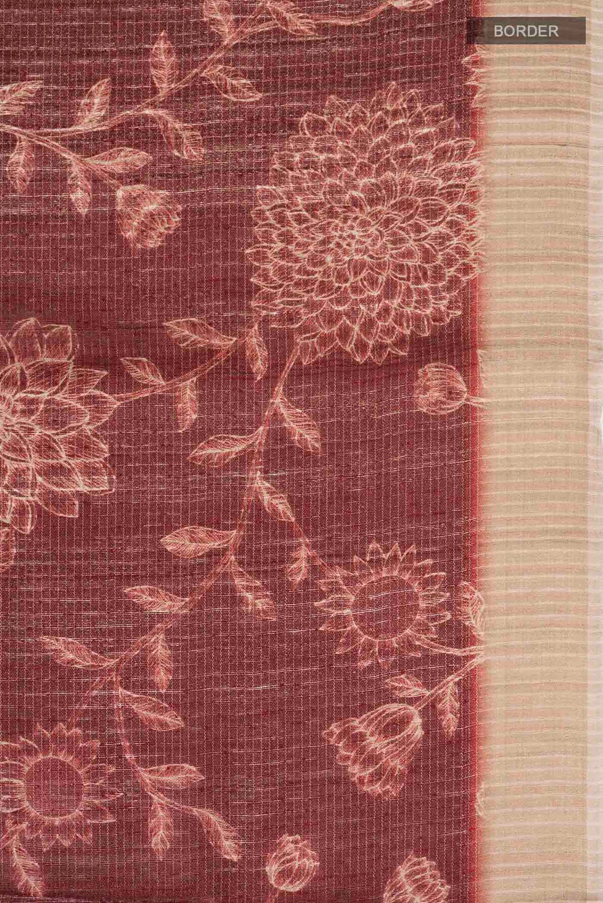 Border image of Maroon Tussar Silk Saree with Printed design on the body and Zari Border