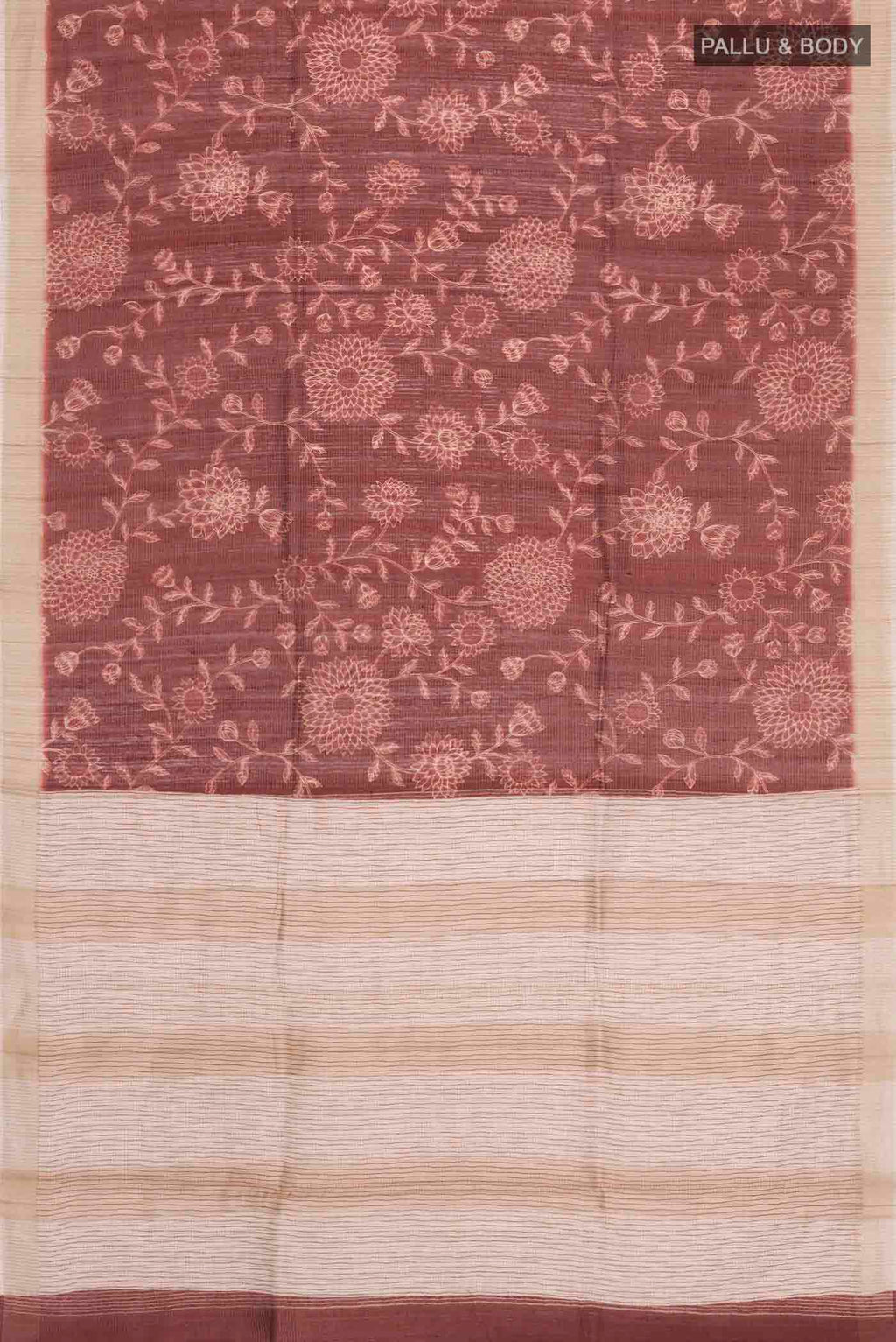 Flat view of Maroon Tussar Silk Saree with Printed design on the body and Zari Border