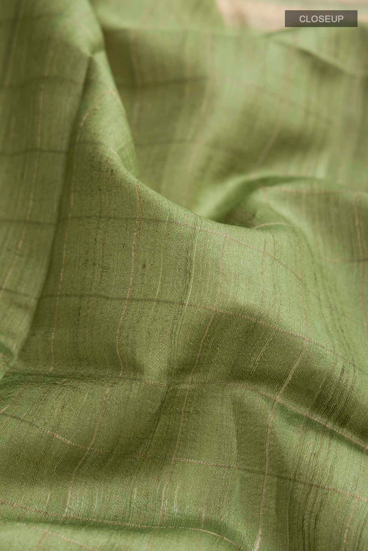 Close up of Green Bhagalpuri Tussar Silk Saree with Printed design on the body and Printed Border displaying folds