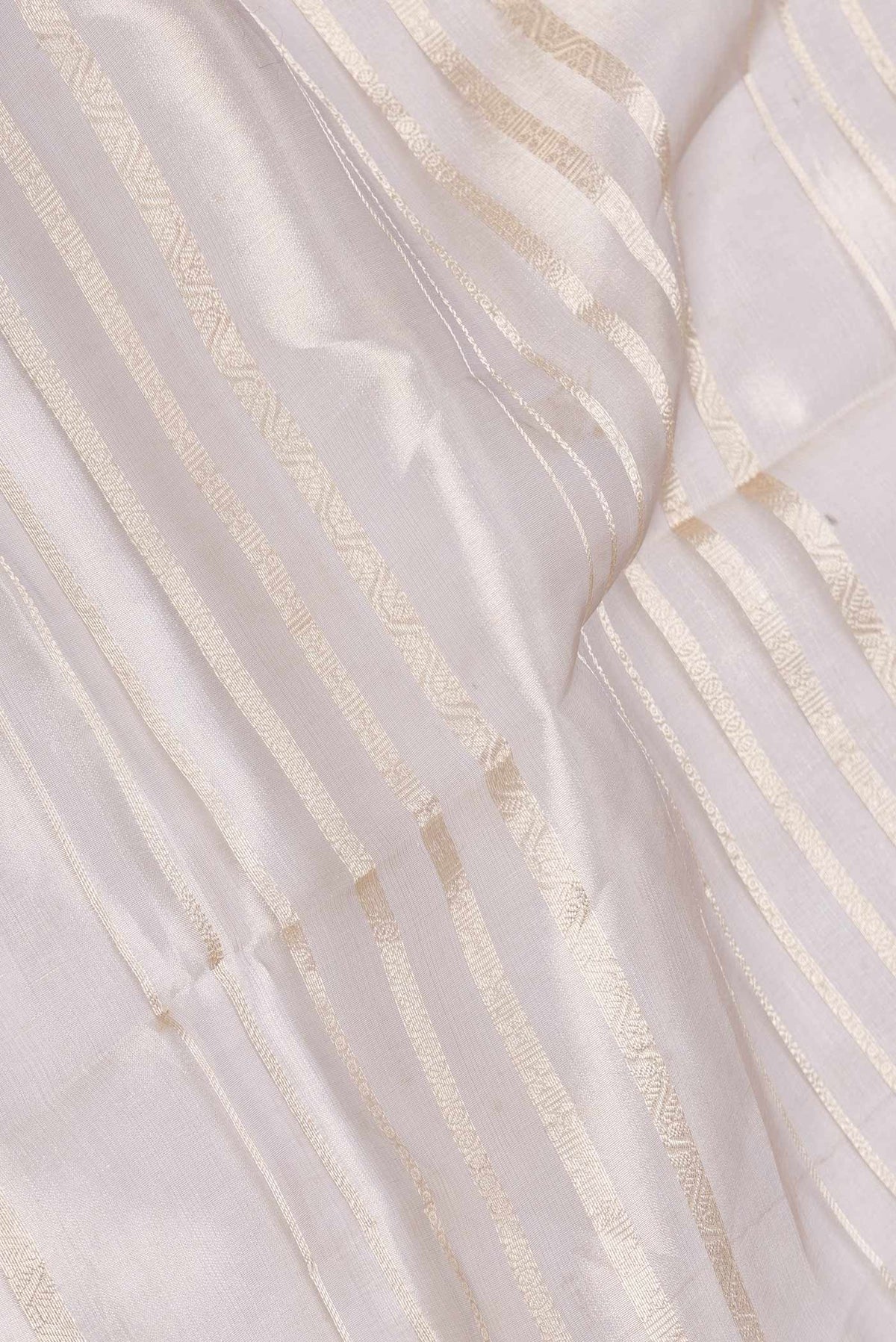 Close up of Grey Dual Tone Organza Silk Saree with Stripes on the body and Zari Border displaying folds