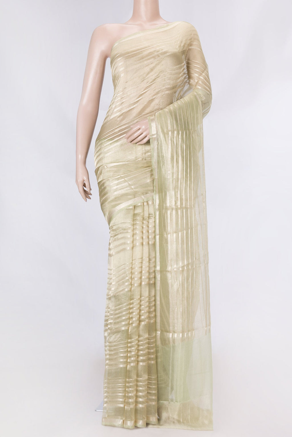 Pista Green Dual Tone Organza Silk Saree with Stripes on the body and Zari Border displayed on a mannequin