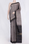 Grey Dual Tone Kanchipuram Silk Saree with Stripes on the body and Zari Border displayed on a mannequin