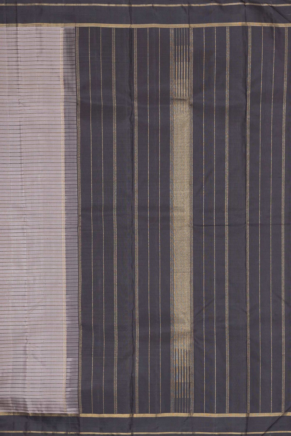Close up image of the pallu of Grey Dual Tone Kanchipuram Silk Saree with Stripes on the body and Zari Border