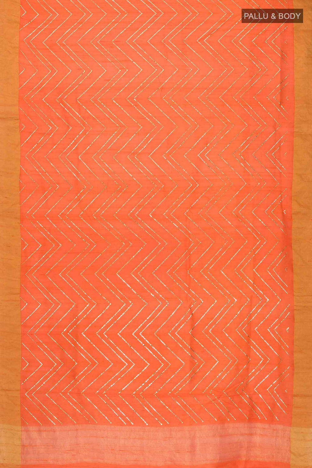 Flat view of Orange Raw Silk Saree with Embroidery on the body and Zari Border