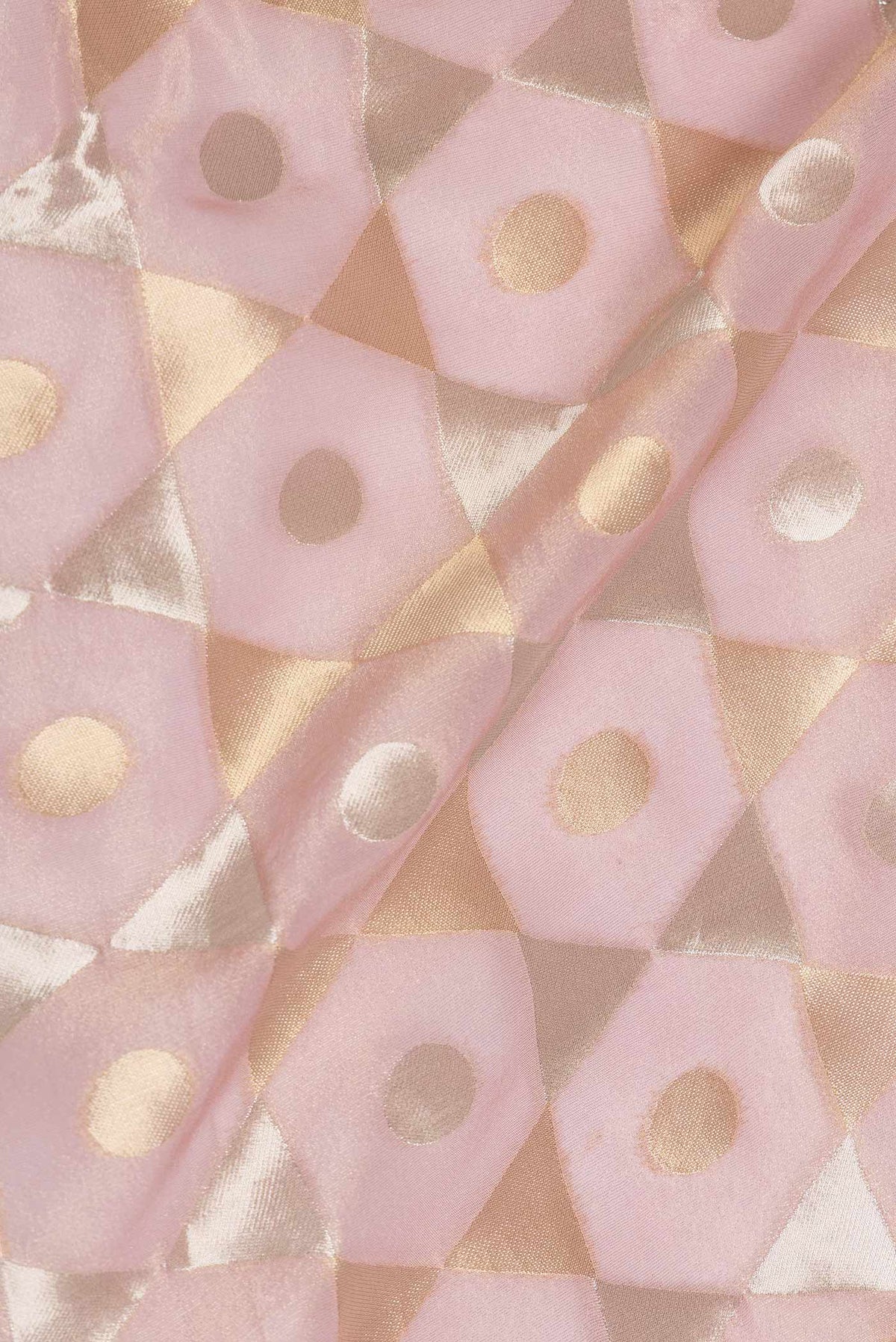 Close up of Pink Dual Tone Organza Silk Saree with Zari Brocade on the body and Embroidery Border displaying folds