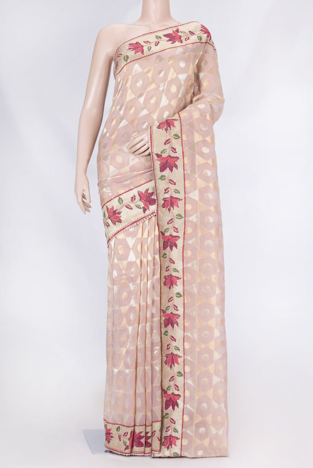Pink Dual Tone Organza Silk Saree with Zari Brocade on the body and Embroidery Border displayed on a mannequin
