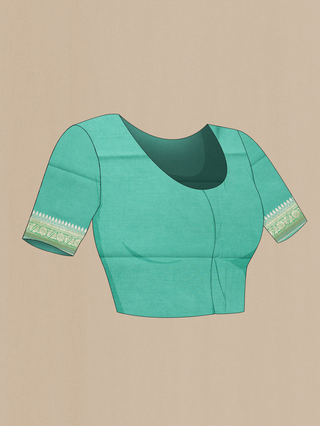 Close up image of the blouse of Sea Green Dual Tone Tussar Silk Saree with Zari Brocade on the body and Zari Border. 