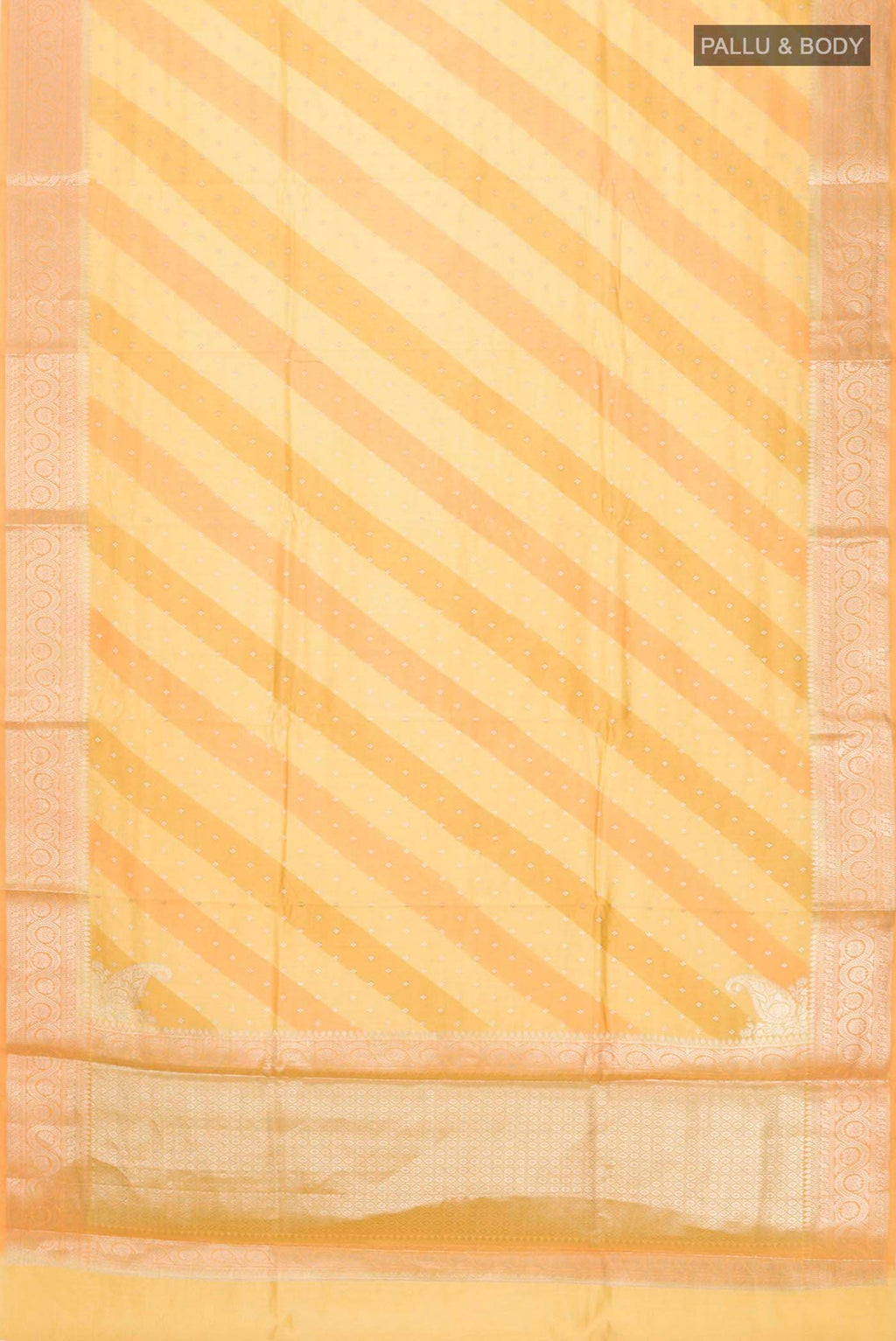 Flat view of Multi Color Banarasi Raw Silk Saree with Zari Butta on the body and Zari Border
