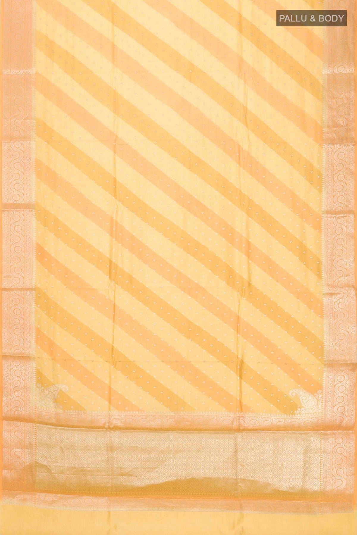Flat view of Multi Color Banarasi Raw Silk Saree with Zari Butta on the body and Zari Border