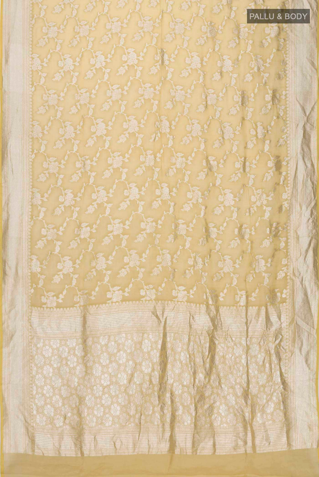 Flat view of Beige Banarasi Georgette Saree with Zari Butta on the body and Zari Border