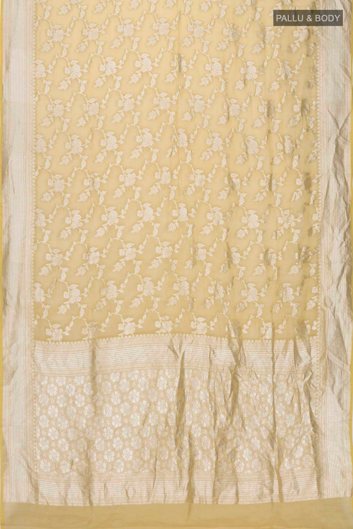 Flat view of Beige Banarasi Georgette Saree with Zari Butta on the body and Zari Border